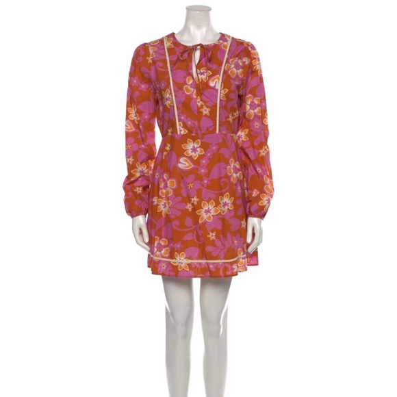 Warm Dresses & Skirts - Warm 70s Style Floral Pink and Orange Long Sleeve Dress Zip Back Size 1